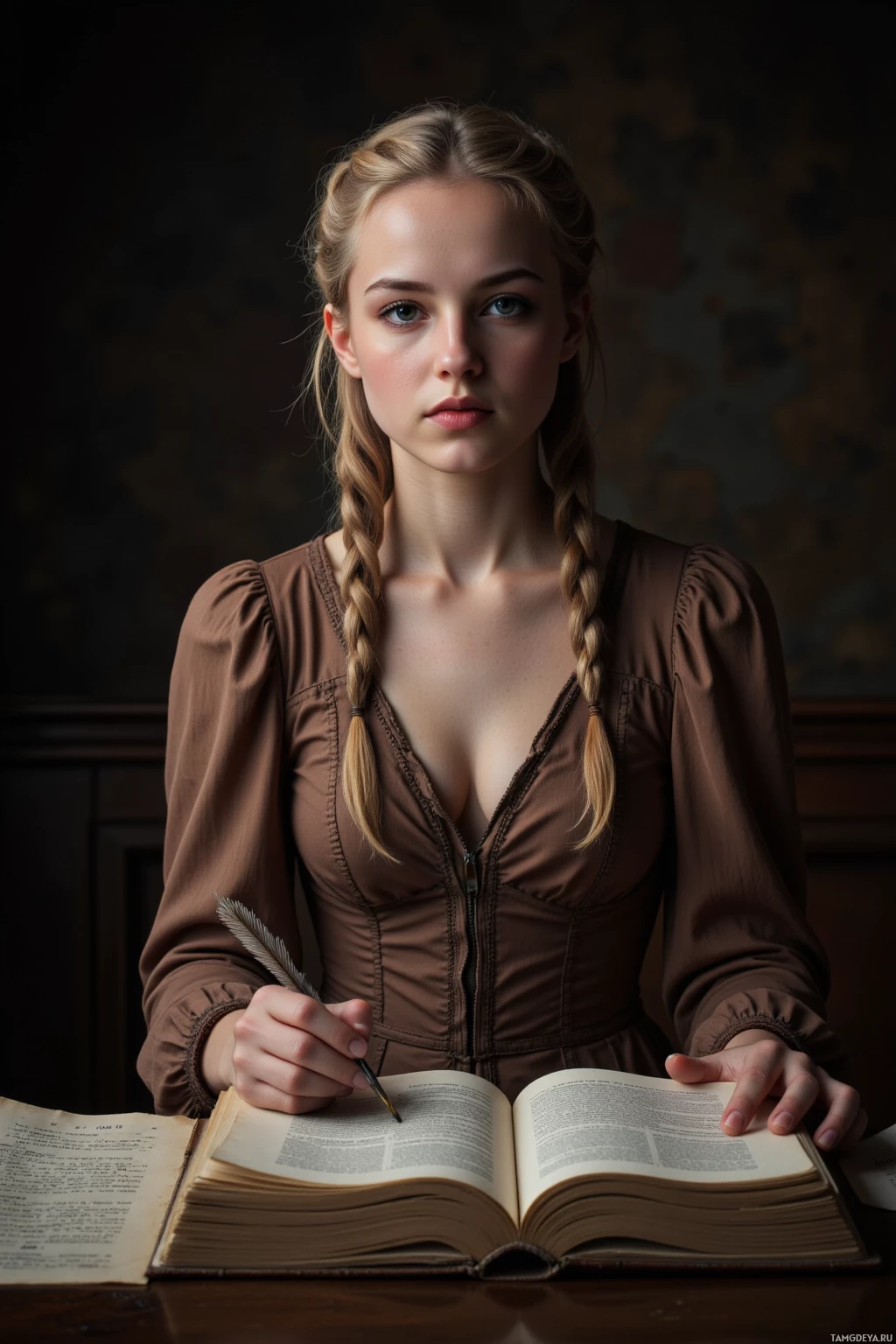 Realistic high quality photo. A woman, 28, light blonde braided hair, fair skin, soft gray eyes, wearing a flowing Victorian-inspired dress, sits in a dim corner of an old cinema, scrolling through a stack of Dickensian manuscripts, a script open beside her, quill poised, expression sharp with disdain yet theatrical, poised to break the silence with a dramatic sigh.