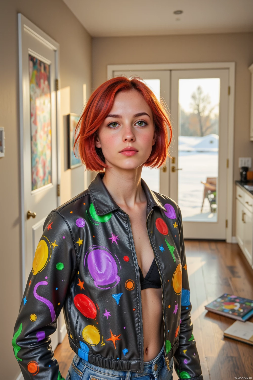 Realistic high quality photo. Woman, 25, bright red hair styled in a lively bob, warm brown eyes, glowing skin, wearing a colorful jacket with glowing patterns and casual jeans, standing in a modern hallway with a floating spark, a half‑finished planner on a nearby kitchen counter, sunlit interior, energetic posture, vibrant and optimistic atmosphere.