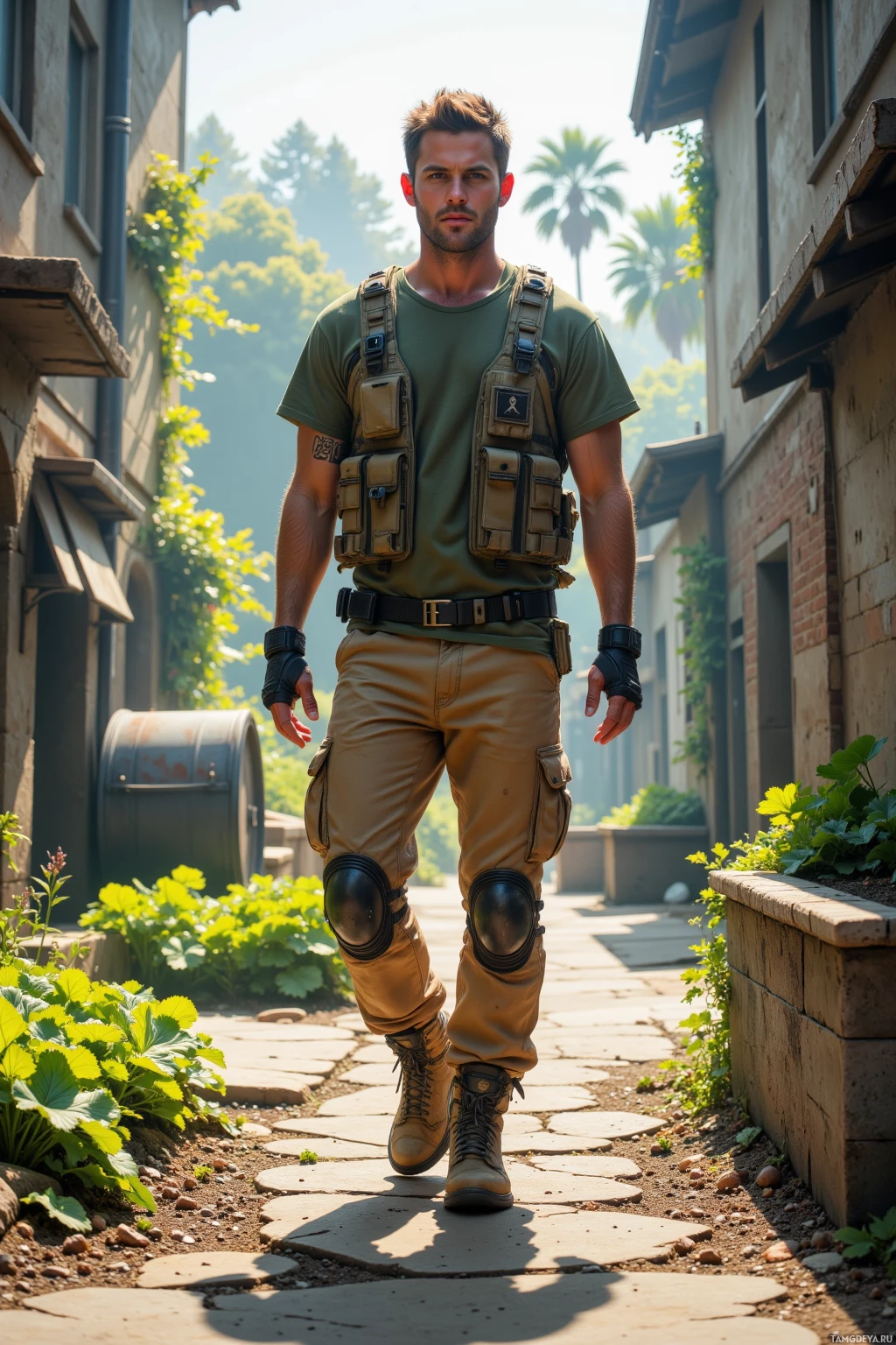 Realistic high quality photo. 29‑year‑old male with short brown hair, blue eyes, wearing faded tan tactical gear, cargo pants, green utility vest, standing in a sunlit post‑apocalyptic garden with wilted lettuce on cracked asphalt, a rain‑capture barrel beside a compost heap, ants marching along the pavement, plants sprouting from rubble, morning dew glistening.