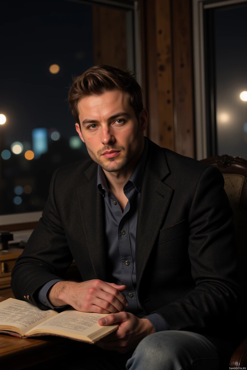 Realistic high quality photo. 30-year-old man with short dark brown hair and green eyes, wearing a well-fitted casual blazer over a dark shirt and jeans, seated at a wooden desk in a dimly lit room at night, window showing flickering streetlights outside, holding an old notebook, pensive expression.