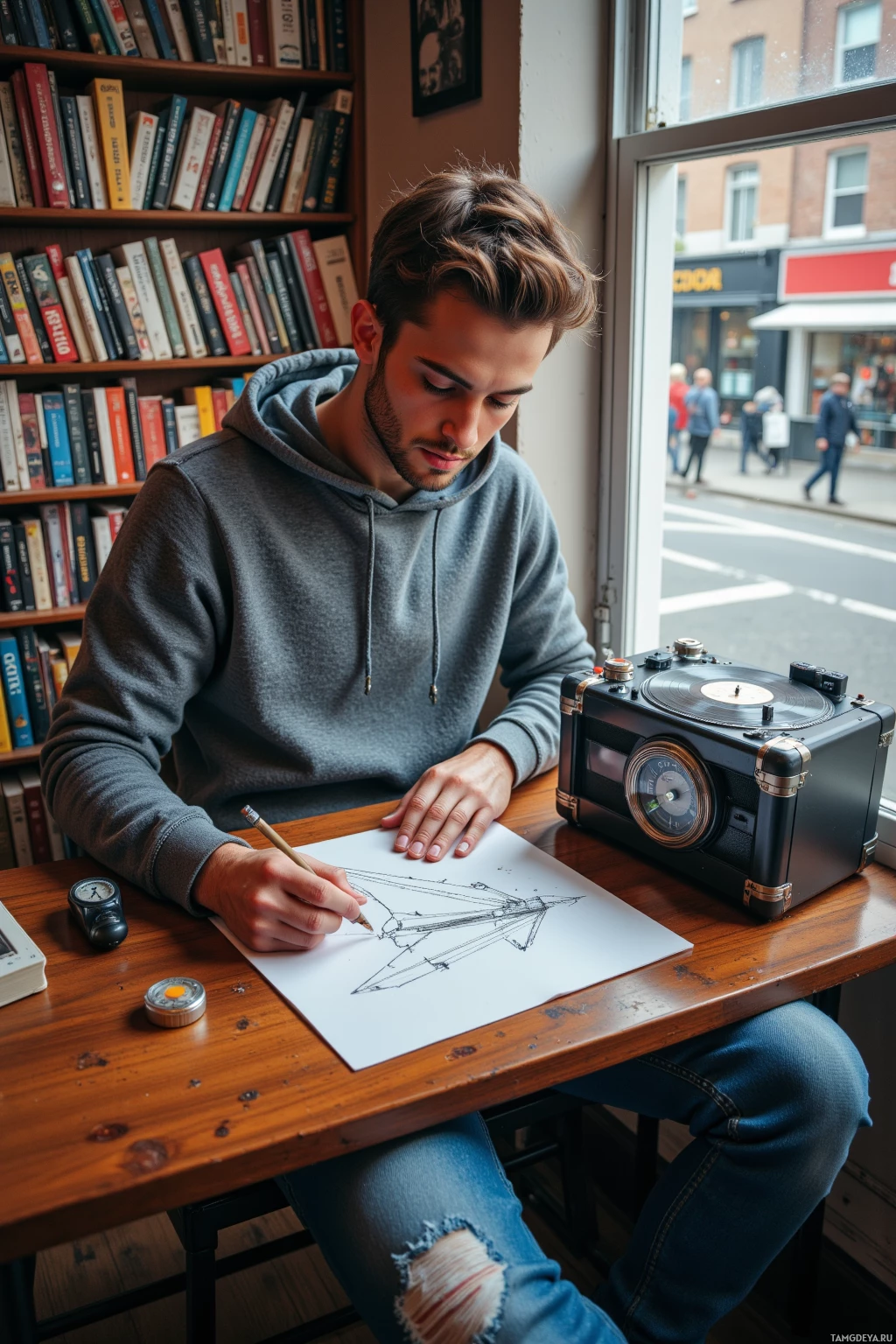 Realistic high quality photo. Male, 24, short light brown hair, green eyes, gray hoodie, faded blue jeans, sits at a corner bookstore table, tracing a paper airplane design with a graphite pencil, a digital timer on the desk, a vinyl record player crackling softly in the background, city street visible through a window, morning light.
