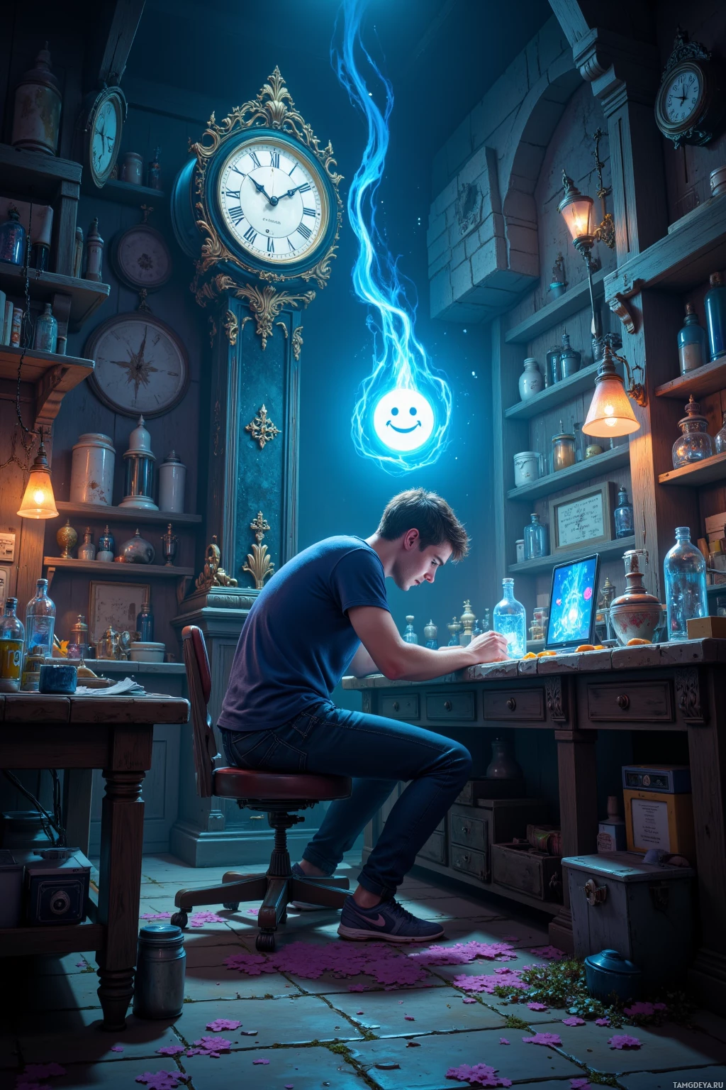 Realistic high quality photo. A 29‑year‑old man with short brown hair, bright blue eyes, fair skin, wearing a dark gaming t‑shirt, dark jeans, and sneakers, hunched over a cluttered workbench in a moonlit wizard’s workshop, staring at floating glitching glyphs while a smiling rogue glyph hovers beside him, with a tall ticking clock casting a pale glow and a looming shadow creeping across the floor.