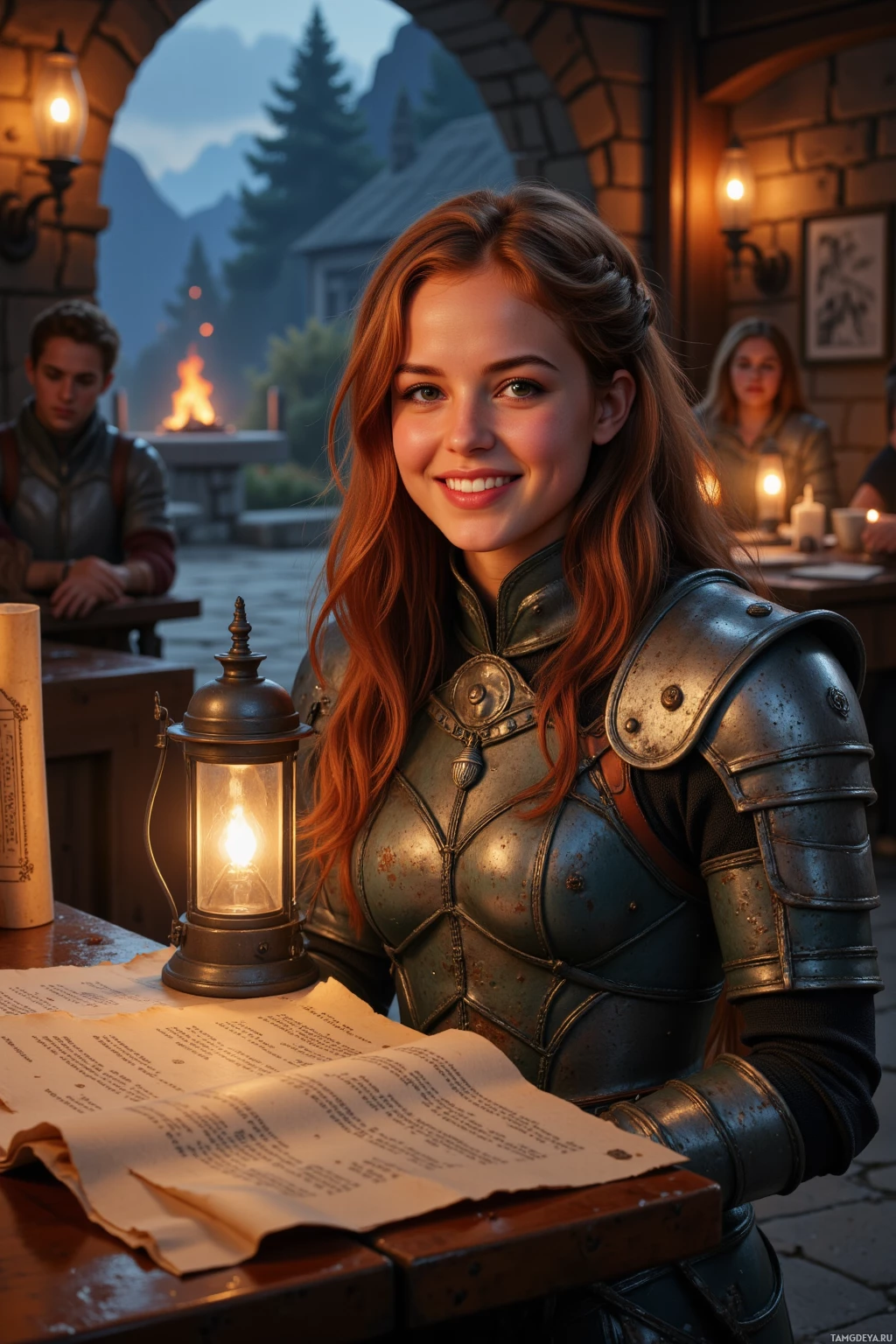 Realistic high quality photo. A 31‑year‑old woman with long auburn braid, deep brown eyes, warm golden skin, wearing silver‑filigreed leather armor and a silver acorn pendant, laughing with companions at a moonless valley crossroads inside a renovated tavern, lanterns casting soft light over cracked stone floor, parchment scrolls on a wooden table, and a distant crackling campfire in the background.