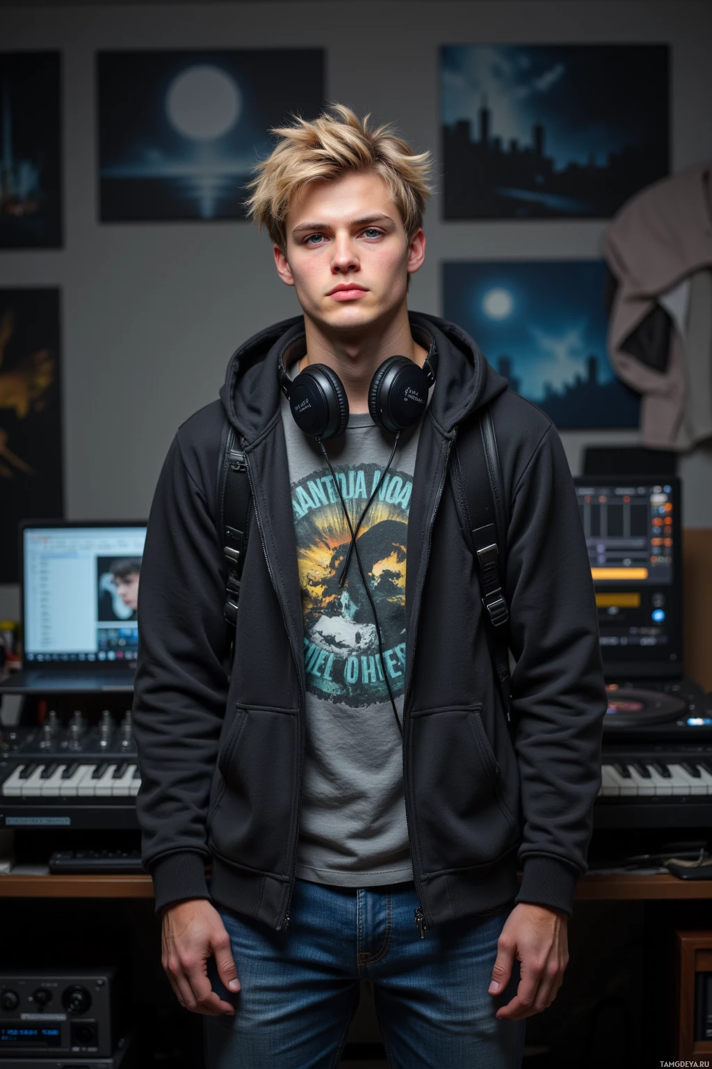 Realistic high quality photo. 18‑year‑old man with messy blonde hair, bright blue eyes, pale skin, wearing a loose hoodie over a graphic tee and relaxed jeans, headphones on his neck, backpack by his side, standing in a dimly lit home studio with a mixing console, laptop and vinyl record, his expression energetic and focused.