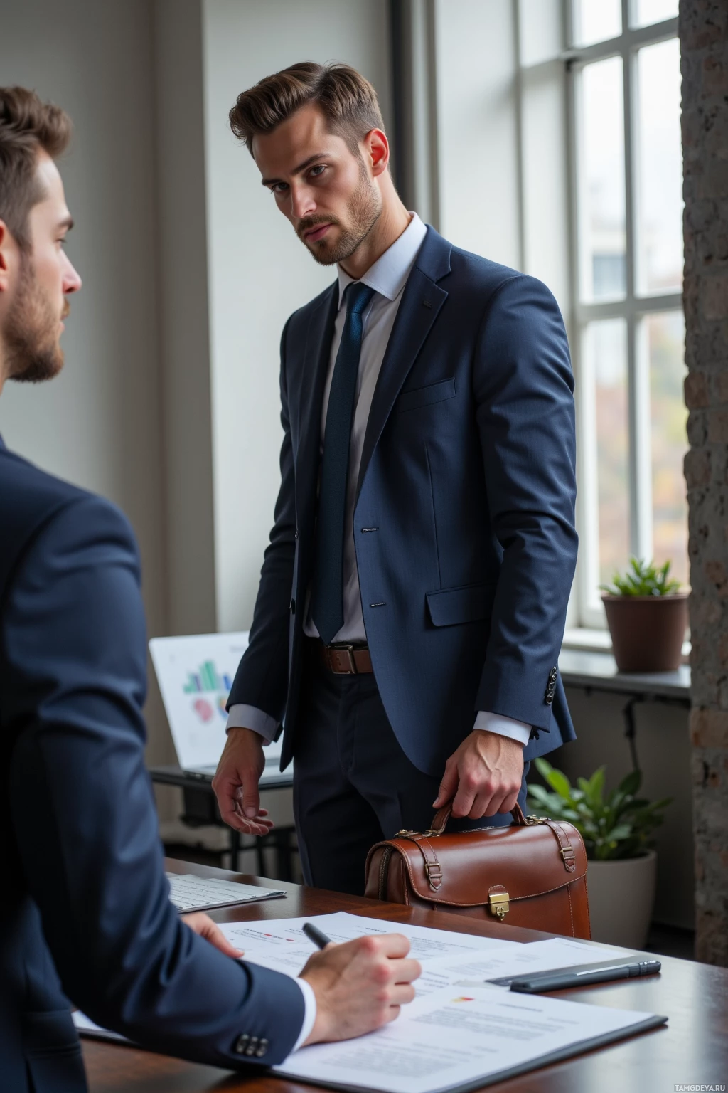 Realistic high quality photo. A confident 30‑year‑old man with slicked‑back light brown hair, green eyes, sharp features, wearing a tailored navy suit and leather briefcase, standing in a modern boardroom at noon, holding a laptop open to a spreadsheet while a laughing rival looks on, with a contract and a stand‑up microphone icon on the table.