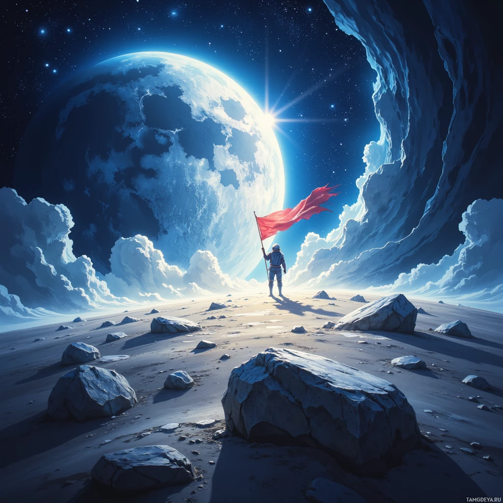 Semi-abstract image with many empty light space at center of beautiful background, that is suitable for the post:  I plant a flag on the moon’s edge, laughing as gravity jokes back.