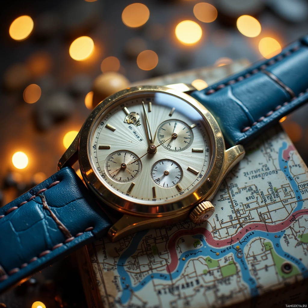 Semi-abstract image with many light, that is suitable for the post:  Polished brass case watch with delicate 3D sunburst dial, quartz movement, hand‑stitched leather strap with faded blue silk lining, tiny London street map inlay.