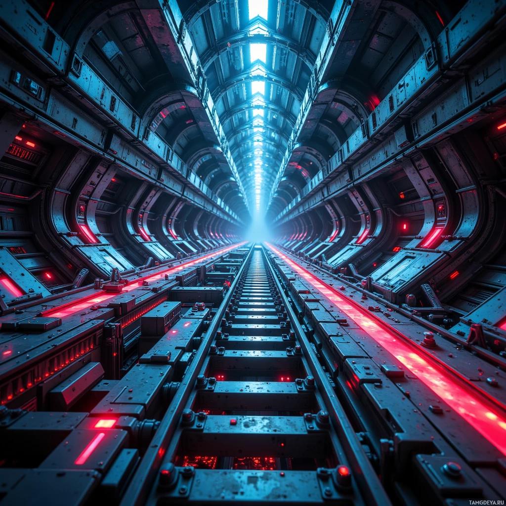 Semi-abstract image with many light, that is suitable for the post:  Chrome and black modular track system with a sleek chassis, neon ribbon rails pulsing in sync, shards that fracture and reassemble, and ionized air streams shimmering along the rail edges.