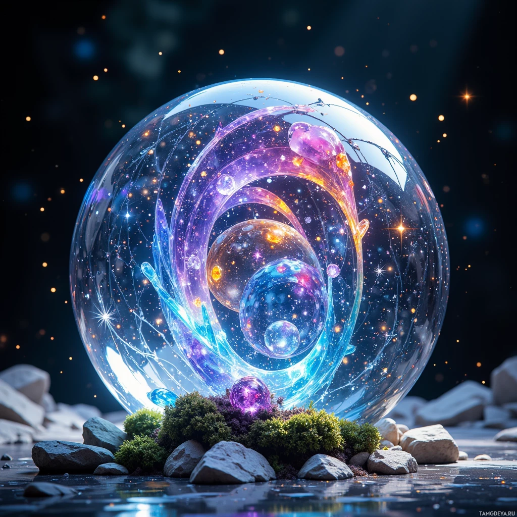 Semi-abstract image with many light, that is suitable for the post:  Crystal‑glass sphere the size of a baseball, shimmering with a living chromatic lattice that breathes, featuring an embedded interface and intricate iridescent crystalline patterns.