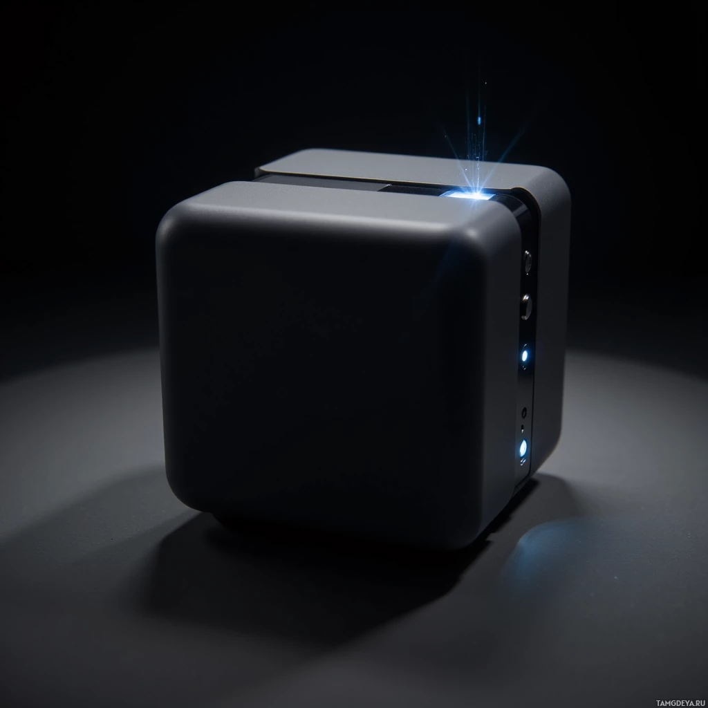 Semi-abstract image with many light, that is suitable for the post:  matte black shoebox‑sized cube, sleek minimalist design with a single glowing LED pulsing at one corner, a tiny speaker port, sharp edges and subtle chrome accents, low ambient lighting highlighting the LED glow.
