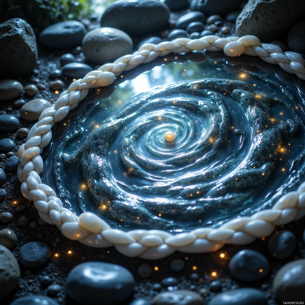 Semi-abstract image with many light, that is suitable for the post:  A reflective mirror framed with braided moonstone, its glass surface a liquid darkness that ripples, reflecting soft silver waves and faint, shimmering echoes of unseen paths.