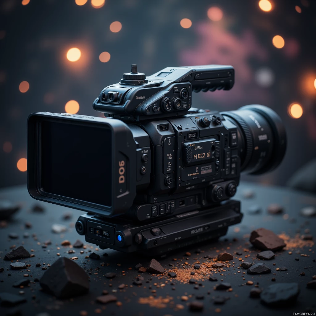 Semi-abstract image with many light, that is suitable for the post:  Matte black handheld cinema camera with a sleek ergonomic grip, a dual sensor array integrated into the compact body, a rear battery compartment resembling a small gun, a built‑in scratch‑proof matte screen, and hot‑swappable memory card slots.