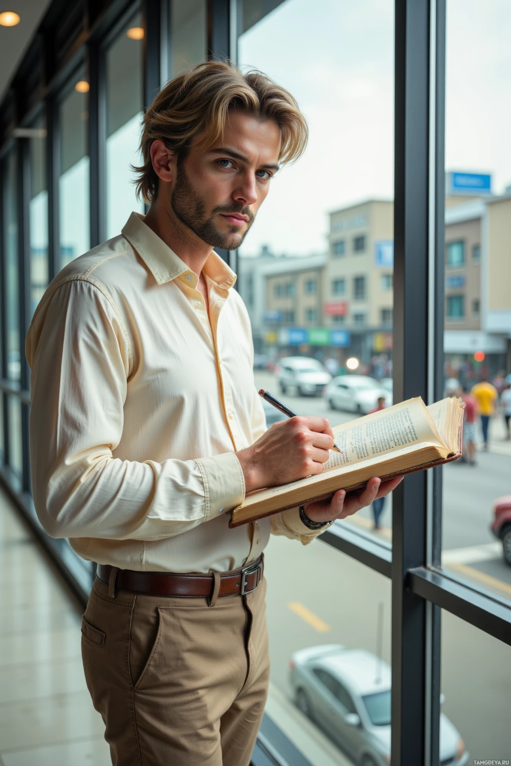 Realistic high quality photo. Man, 34, light brown hair streaked with white, blue eyes, pale button‑down shirt and beige trousers, stands in a bright fluorescent‑lit modern office lobby in the morning, holding a 1927 edition of Rousseau open and scribbling notes in the margins while street vendors chant outside the large window.