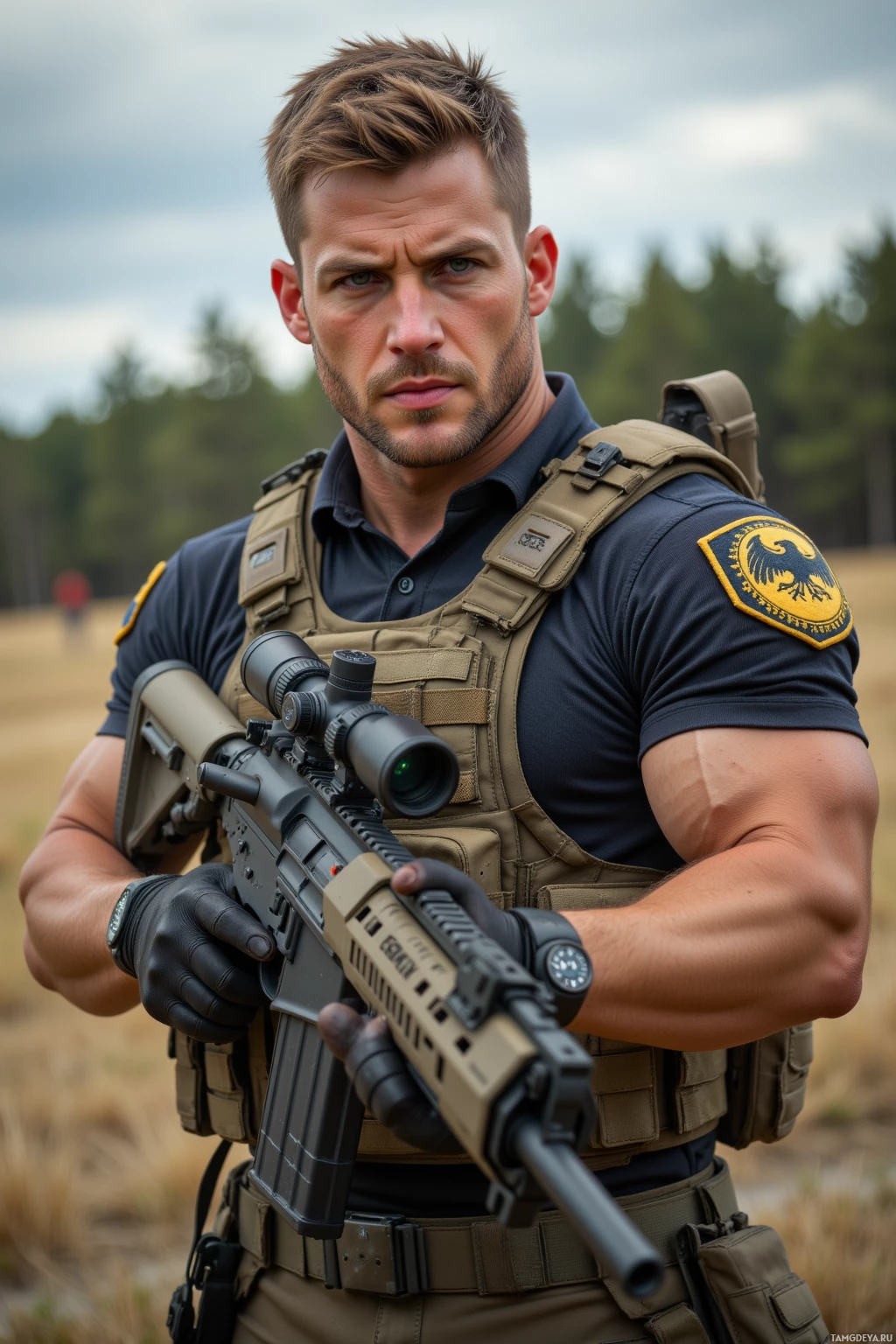 Realistic high quality photo. Male, 28, athletic, short light brown hair, piercing blue eyes, wearing tactical gear with a hawk emblem, standing on a morning shooting range, pulling a rifle trigger with a focused gaze, clock on wrist ticking, wind rustling, calm yet determined expression.
