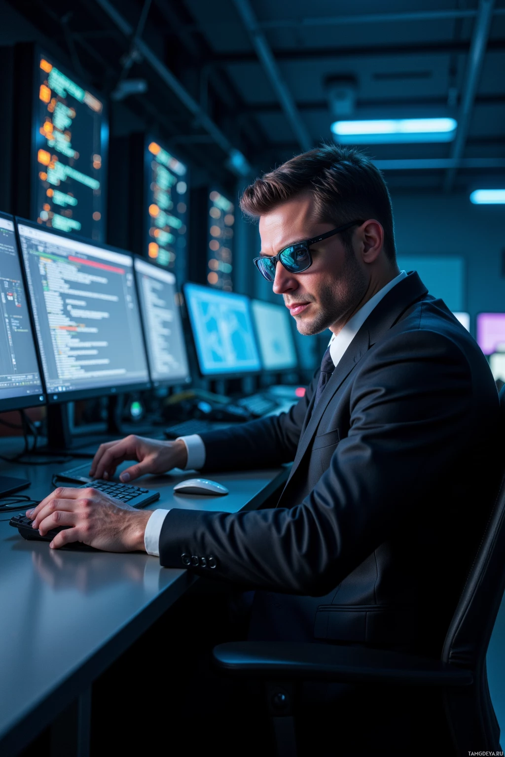 Realistic high quality photo. Sharp‑looking 35‑year‑old man with short dark hair, piercing blue eyes, angular features, wearing a sleek black suit, crisp white shirt, black tie, and reflective sunglasses, seated in a dimly lit data center at night, surrounded by rows of humming server racks, monitoring glowing monitor screens displaying cascading code pulses, his posture tense and focused, embodying cold precision.