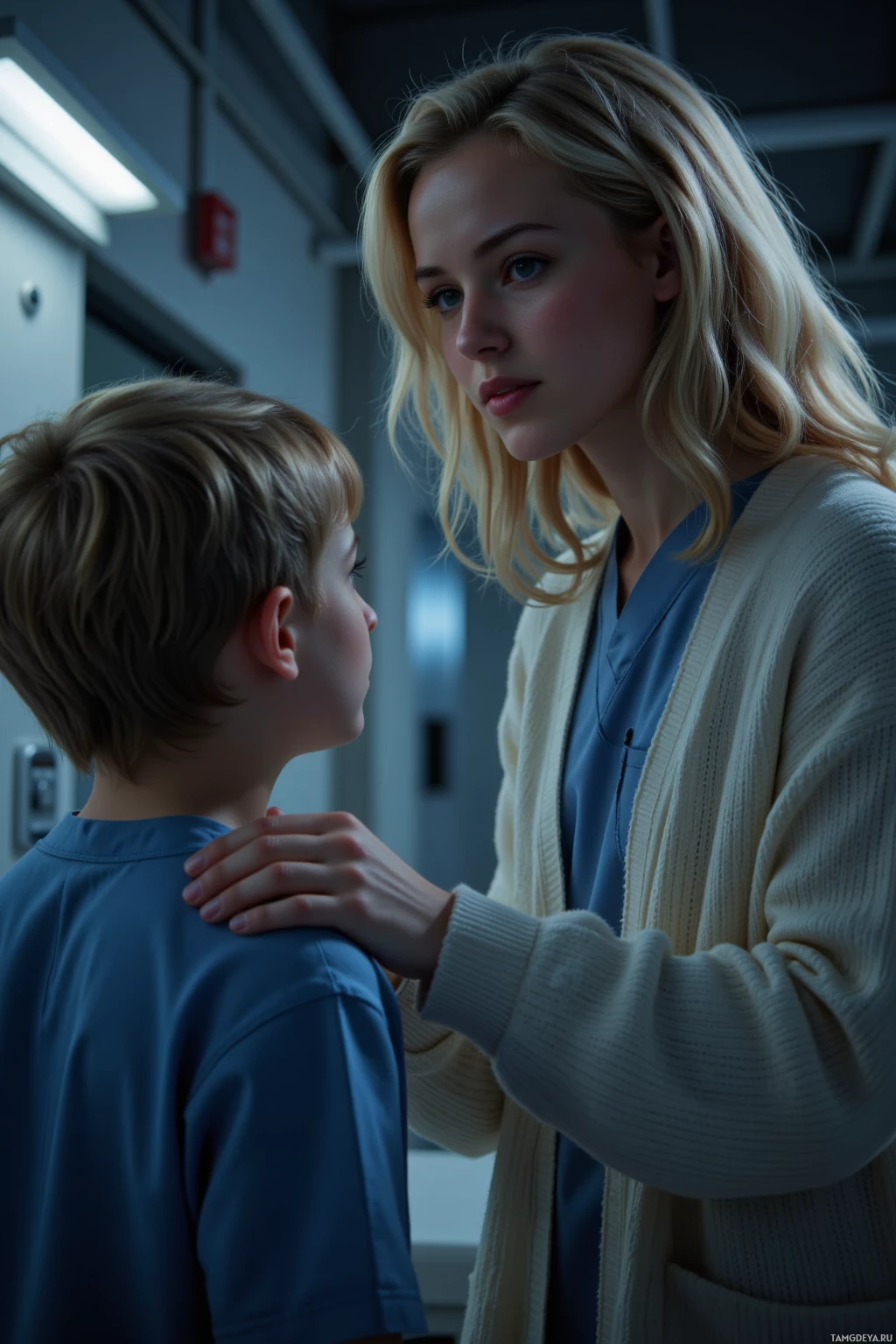 Realistic high quality photo. Night shift nurse, 27-year-old woman with curly blonde hair, bright blue eyes, pale skin, warm smile, wearing a cozy white sweater over scrubs, gently speaking to a small child at a bedside in a dimly lit hospital corridor at night, with antiseptic glow and faint lavender scent, her hand resting on the child's arm to convey calm and compassion.