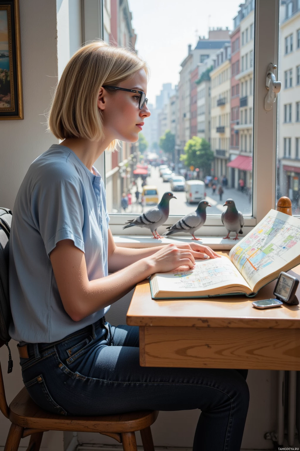 Realistic high quality photo. 28‑year‑old woman with short blonde hair and glasses, wearing a light blue blouse and dark jeans, sits at a wooden desk by a window overlooking a city street, notebook open to a pigeon doodle, a backpack of maps on a chair, a small handheld GPS device beside her, watching pigeons land on the ledge as sunlight pours in.