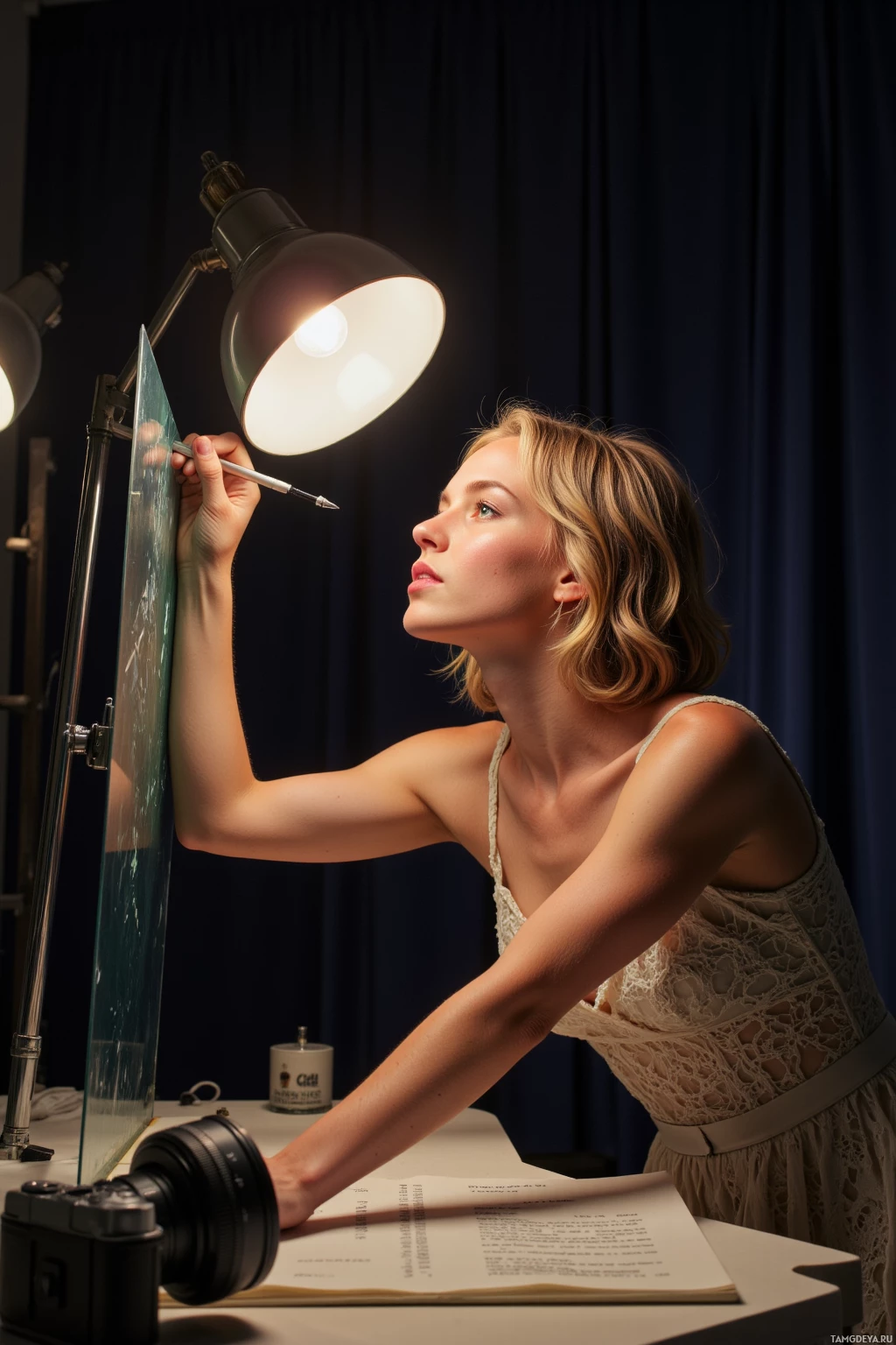 Realistic high quality photo. Nighttime studio with dim lights, a 28‑year‑old woman with curled golden blonde hair, ivory skin, green eyes, wearing a long lace dress, leaning over a glass surface, humming softly, tracing her reflection with a pen, surrounded by a camera, a drafting table, script pages, and a single soft lamp.