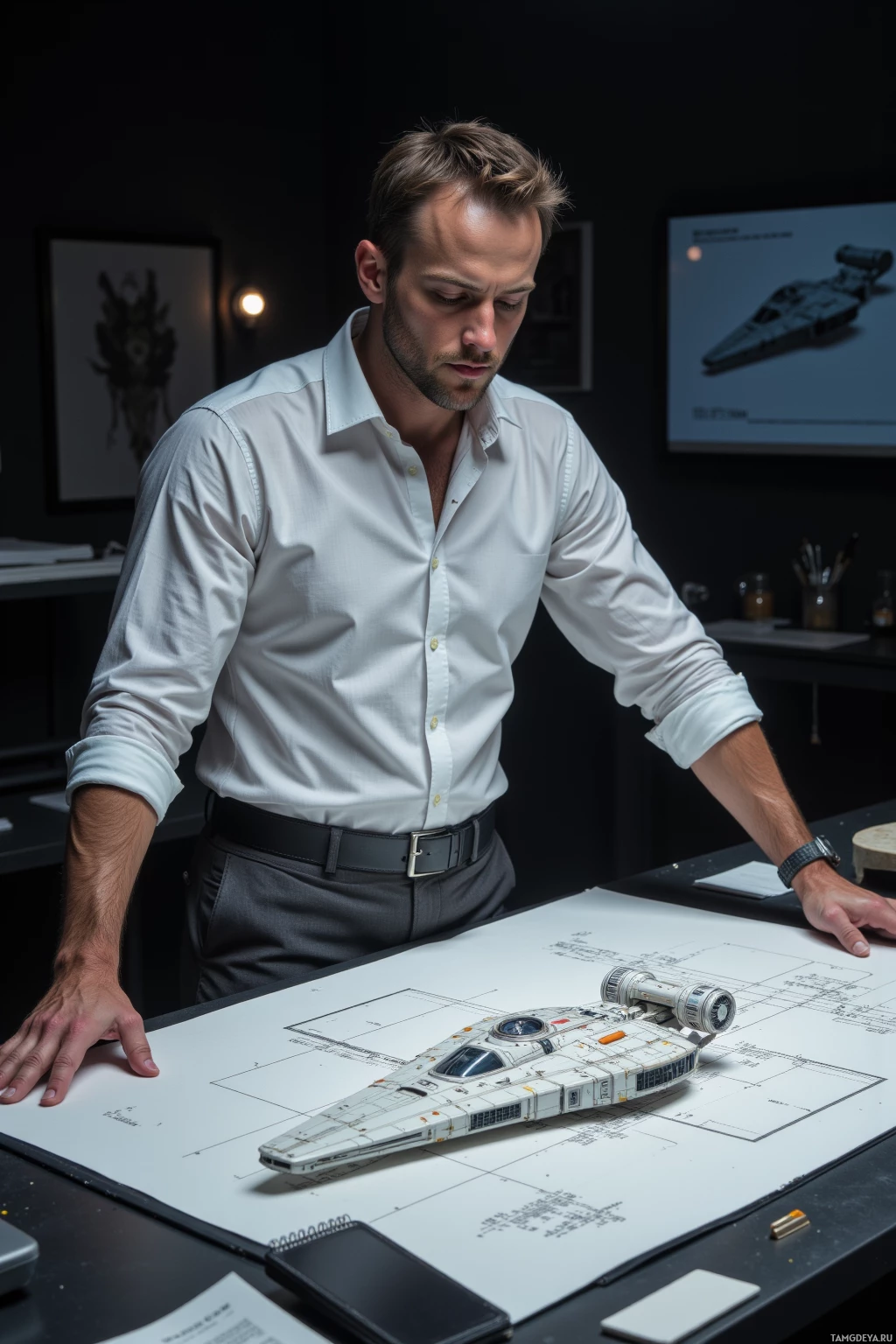 Realistic high quality photo. A 30‑year‑old man with short light brown hair and blue eyes, wearing a crisp white buttoned shirt and perfectly pressed grey trousers, stands in a dimly lit studio at midnight, staring at a large black‑and‑white wireframe drawing of a spaceship on a drafting table, with a notebook open beside him.