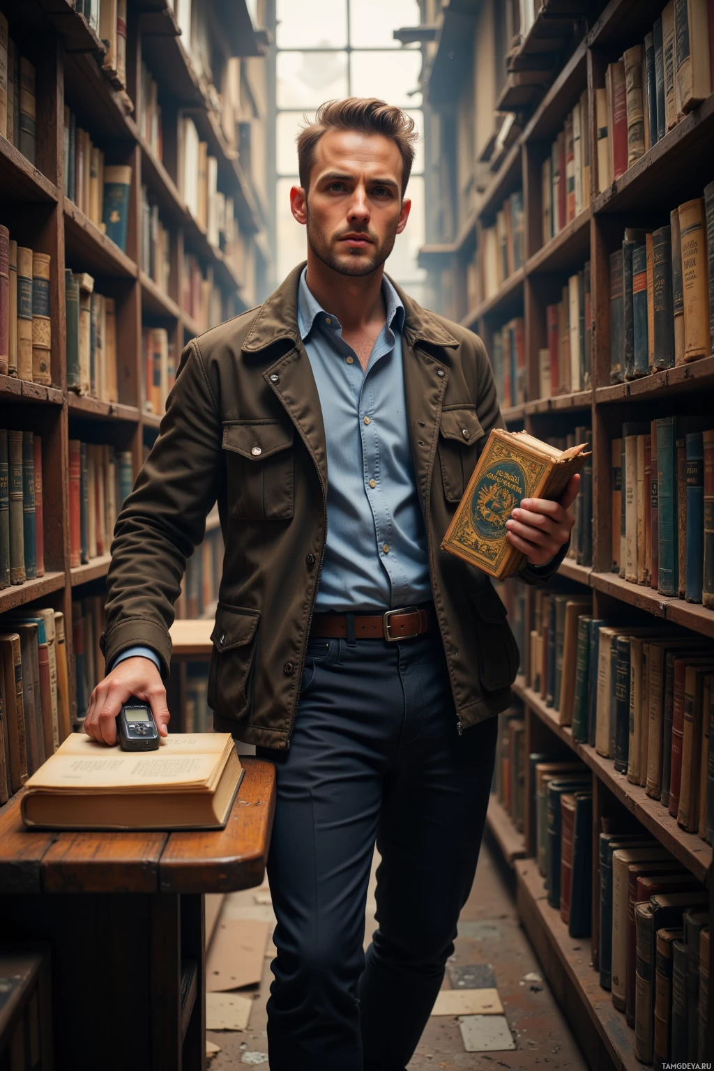 Realistic high quality photo. Man, 32, short light brown hair, blue eyes, wearing a structured pilot jacket over a crisp shirt, stands in a narrow, labyrinthine hidden bookstore with towering book stacks, adjusting a GPS device on a wooden table while holding a rare first edition in one hand, late afternoon light filtering through dusty windows, expression focused yet slightly frustrated.