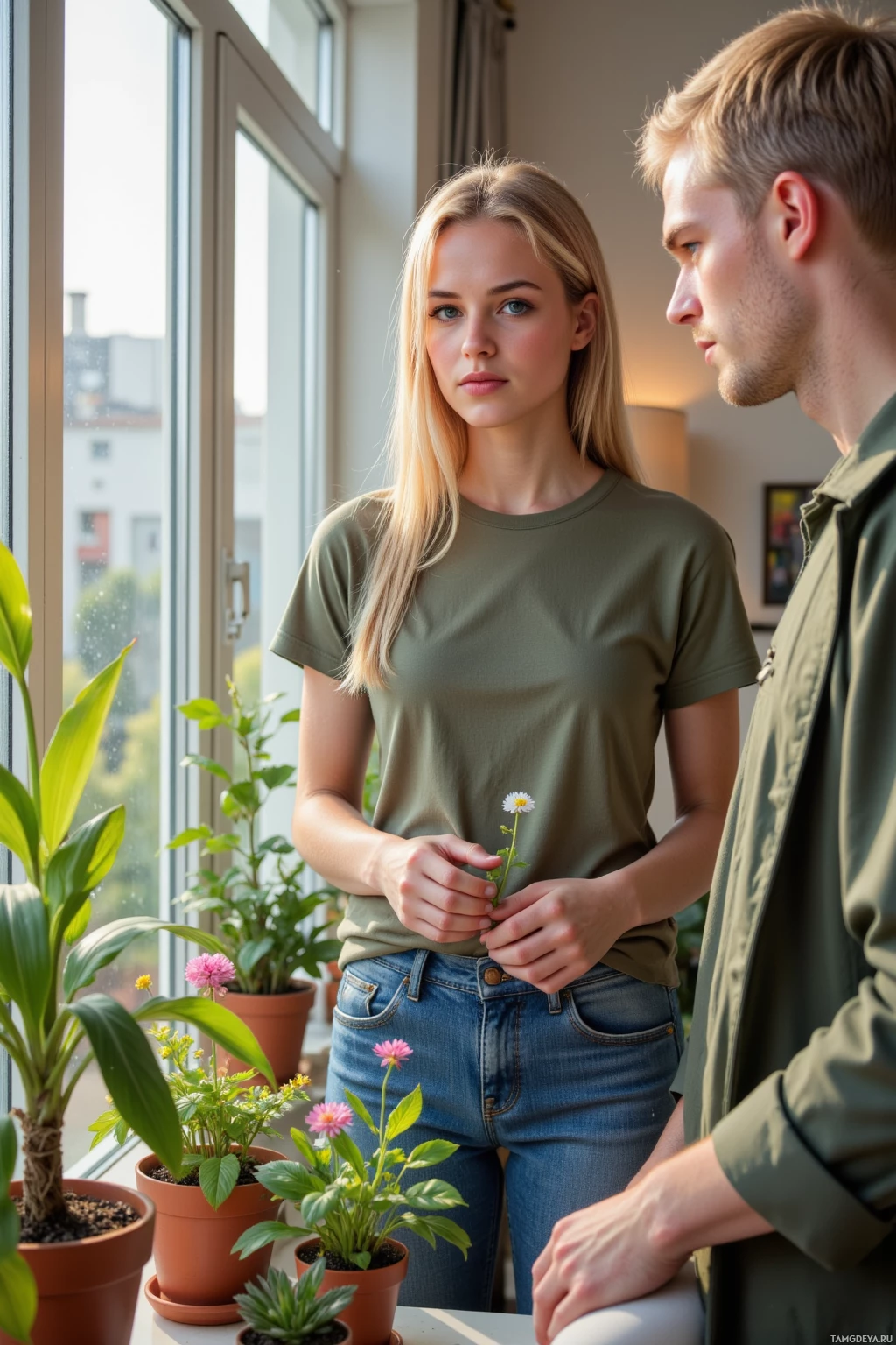 Realistic high quality photo. Woman with long blonde hair, bright blue eyes and pale skin in a relaxed‑fit t‑shirt and jeans, gently arranging potted plants and small flowers on a modern apartment balcony with a window, afternoon sunlight streaming in, while a neighbor watches in a warm, supportive atmosphere.