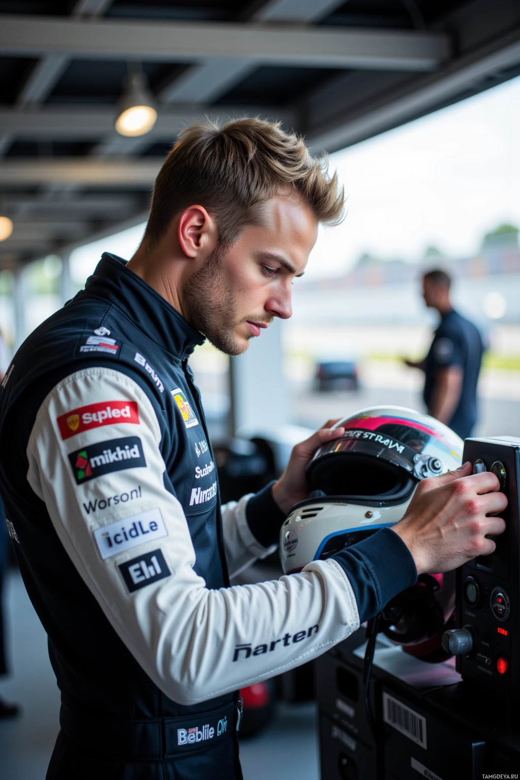 Realistic high quality photo. Morning on a test track, tall athletic male, 30, short blonde hair, blue eyes, sharp jawline, wearing a sleek racing suit with helmet under his arm, intensely focused as he adjusts a brake bias dial beside a glowing telemetry screen, the quiet hum of the clutch in the background.