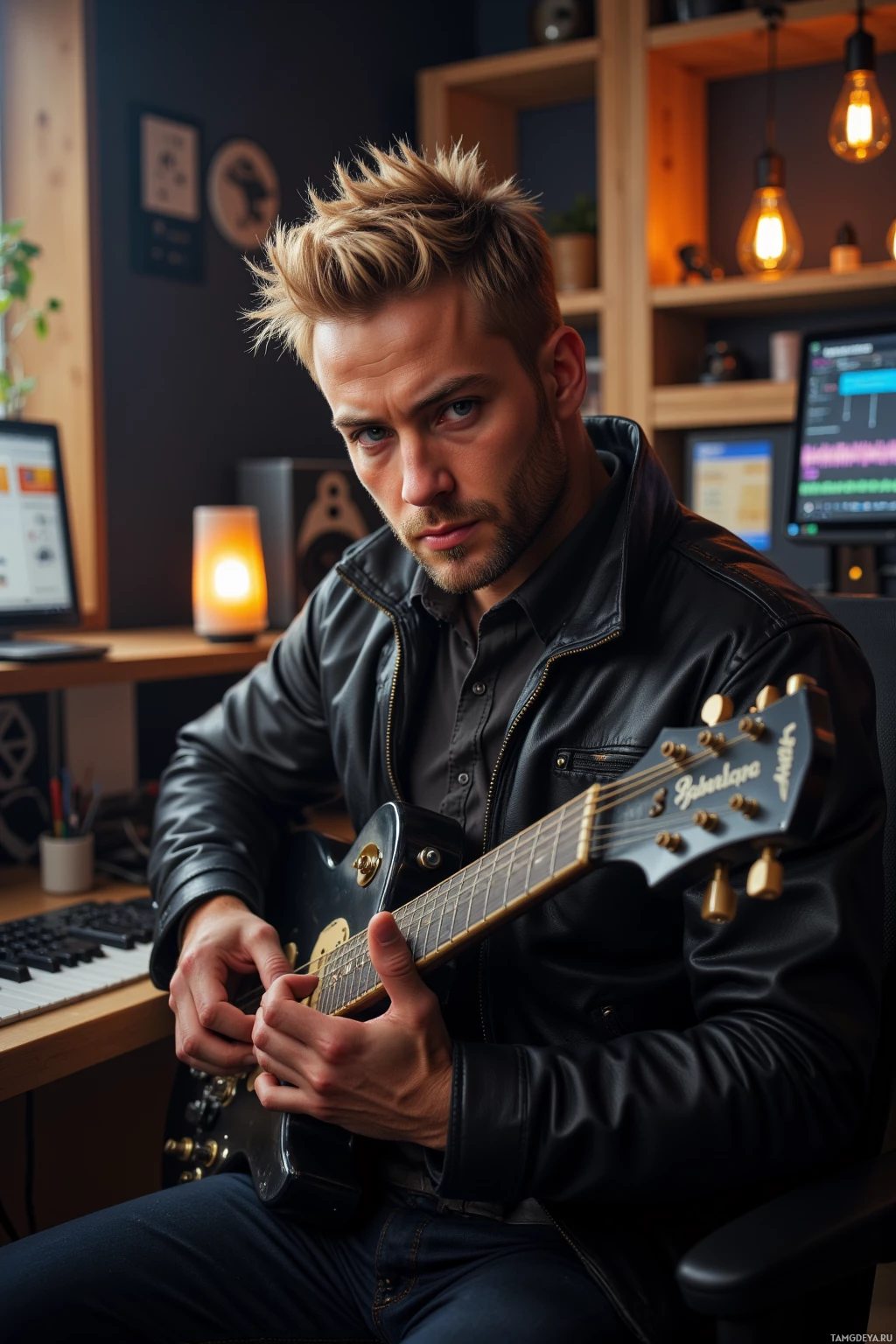 Realistic high quality photo. Axel, a rugged 32‑year‑old man with spiked blonde hair, blue eyes, wearing a black leather jacket and dark jeans, sits at a modern studio desk in the morning, playing guitar while layering synth arpeggios on a computer under flickering studio lights.