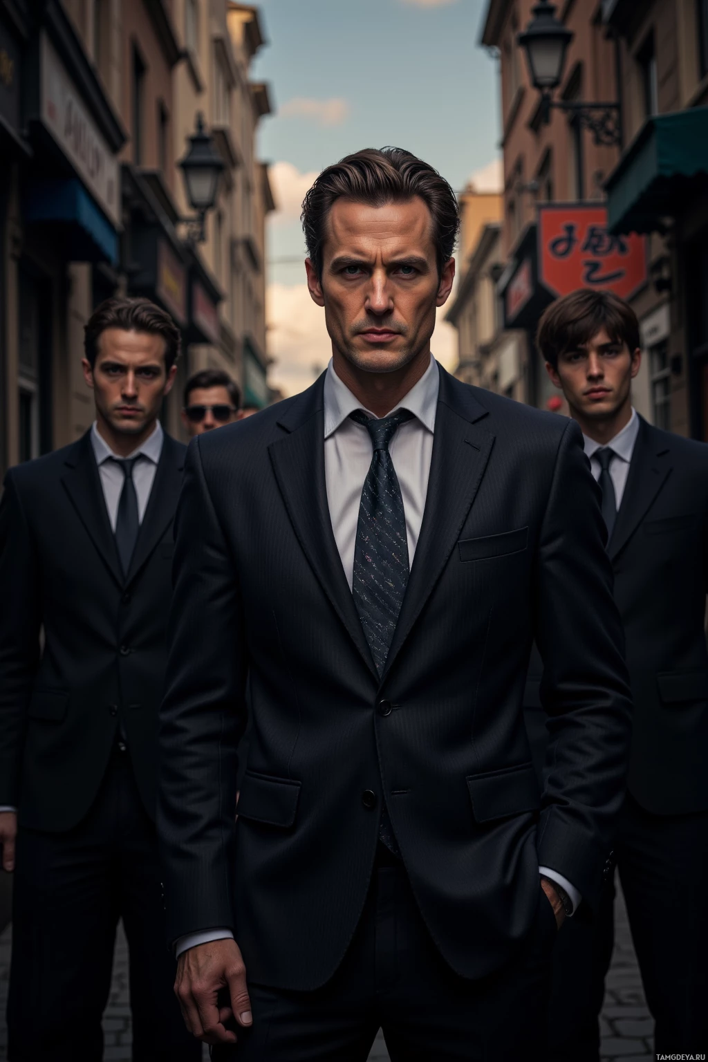 Realistic high quality photo. A middle‑aged crime boss with slick dark brown hair, sharp blue eyes, angular face, wearing a tailored dark suit, white shirt, slim black tie, standing in the shadows of a dim city alley at dusk, watching a street vendor’s briefcase vanish behind a counterfeit sign, surrounded by silent, dark‑clad crew members, urban street scene, modern realism.