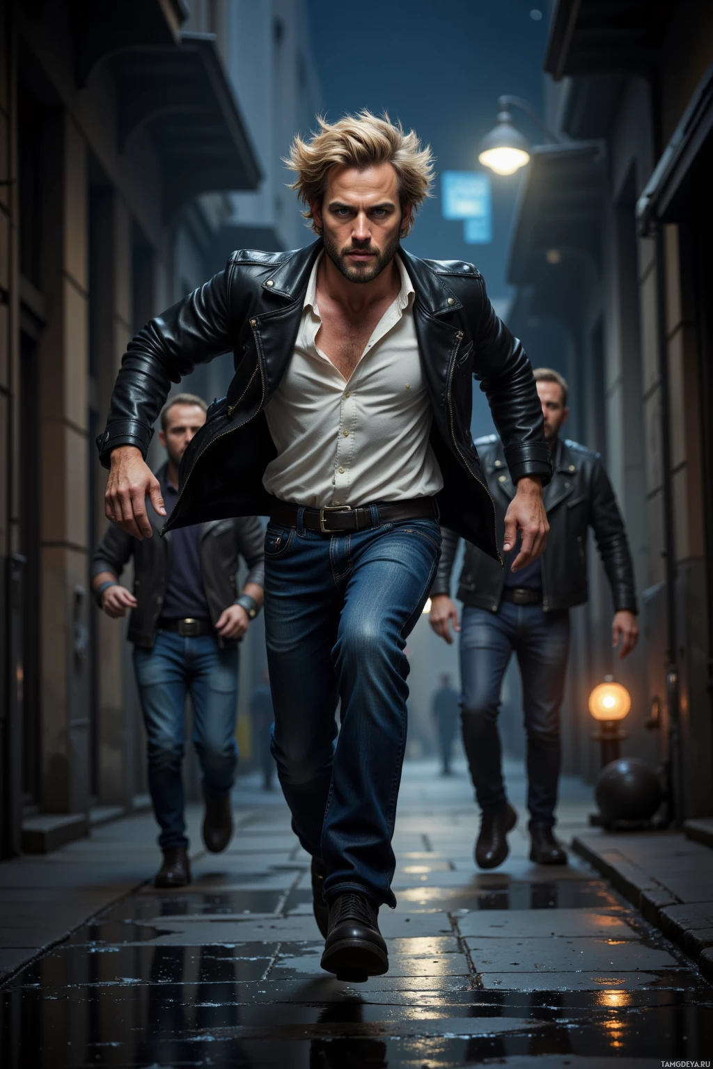 Realistic high quality photo. Tall rebellious man in his early 30s with messy blonde hair, intense blue eyes, wearing a black leather jacket over a white shirt, jeans and biker boots, sprinting down a dark alley at midnight with city glow from streetlamps illuminating the scene, his crew’s laughter echoing behind him.