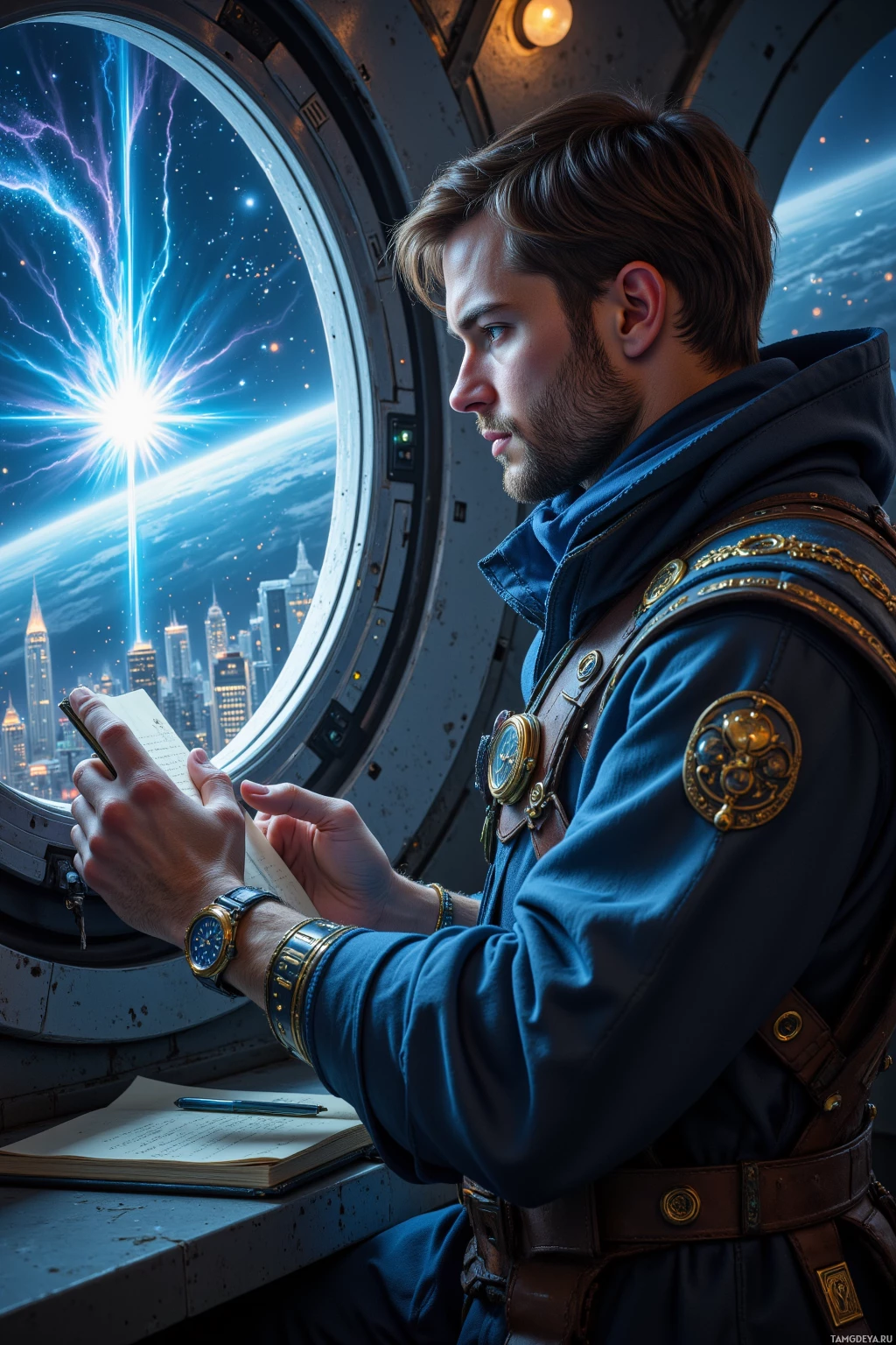Realistic high quality photo. Male, 36, short light brown hair, piercing blue eyes, pale skin, wearing a formal timekeeper’s cloak adorned with multiple watches, gazing through a high‑tech observatory viewport at flickering photons and a distant pulsar while notebook in hand, city of Neo‑Cosmos glowing with neon glyphs in the background, patient yet distant expression.