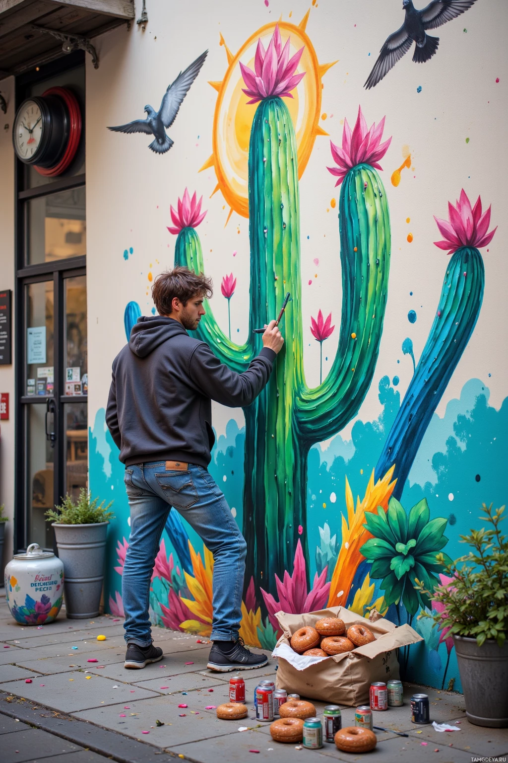 Realistic high quality photo. 26‑year‑old male with messy brown hair and blue eyes, wearing a worn‑out hoodie, faded jeans and scuffed sneakers, painting a bright neon cactus mural on a blank wall in an alley behind a laundromat while pigeons soar above, a barista with a broken espresso machine, joggers mistaking the mural for a gym, and a city guard with a baton watch the scene, as the artist hides paint cans in a bag of doughnuts, with a wall clock reading "Time to paint the next rebellion".