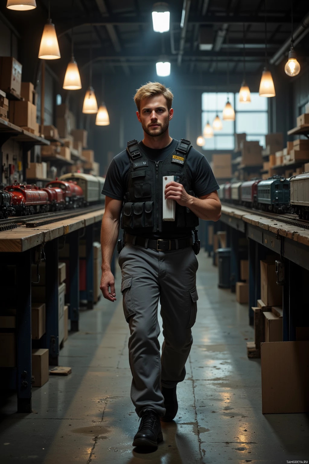 Realistic high quality photo. 34‑year‑old male with very short blonde hair, blue eyes, pale skin, wearing a black tactical vest and fitted grey cargo pants, briskly walking along a dimly lit warehouse perimeter at dawn, holding a laminated checklist, eyes fixed ahead, a tidy workbench with model trains lined up in the background.