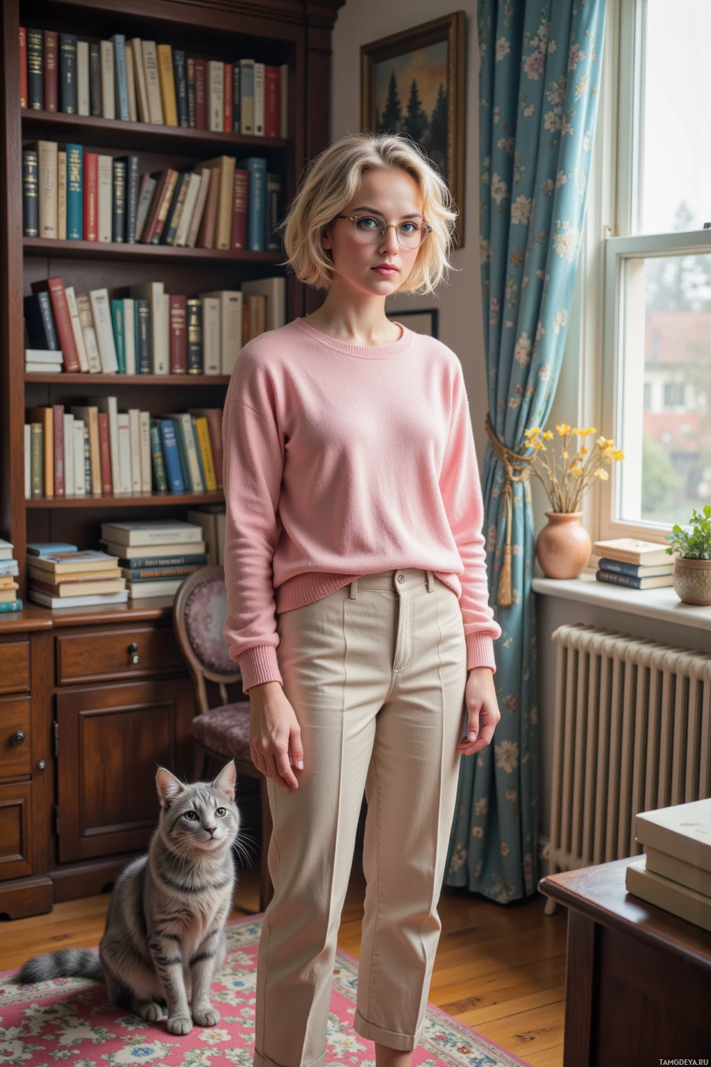 Realistic high quality photo. A 27‑year‑old woman with soft curly blonde hair, bright blue eyes, round glasses, pastel pink sweater, light beige trousers, loafers, stands in a tidy home study lined with books, holding a tiny dust mote like a ghost while a gray cat watches, morning light filtering through a window.