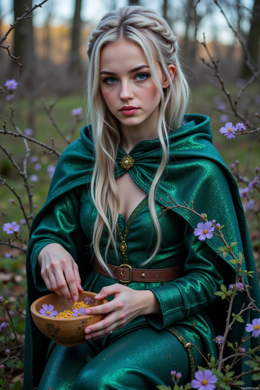 Realistic high quality photo. 26-year-old woman with long silver braids woven with green vines, emerald eyes, pale skin, shimmering forest-green cloak, kneeling in a moonlit bramble grove picking violet flowers with pale petals, stirring them in a wooden bowl with crushed amber bark, surrounded by dense thorny vines, twilight.