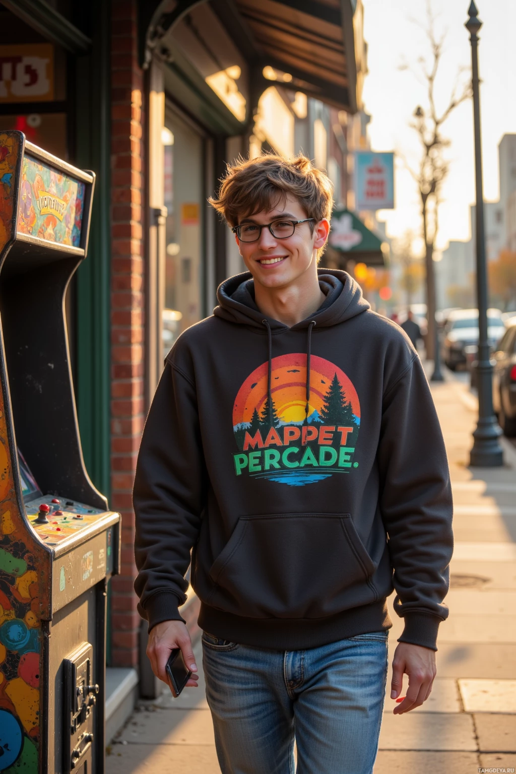 Realistic high quality photo. A 20‑year‑old man with messy brown hair, round glasses, and a casual hoodie featuring a vintage game logo, walking down Maple Street in the late afternoon, smartphone in hand, stopping to grin at a dusty old arcade cabinet behind a thrift shop as sunlight streams through the shop windows.