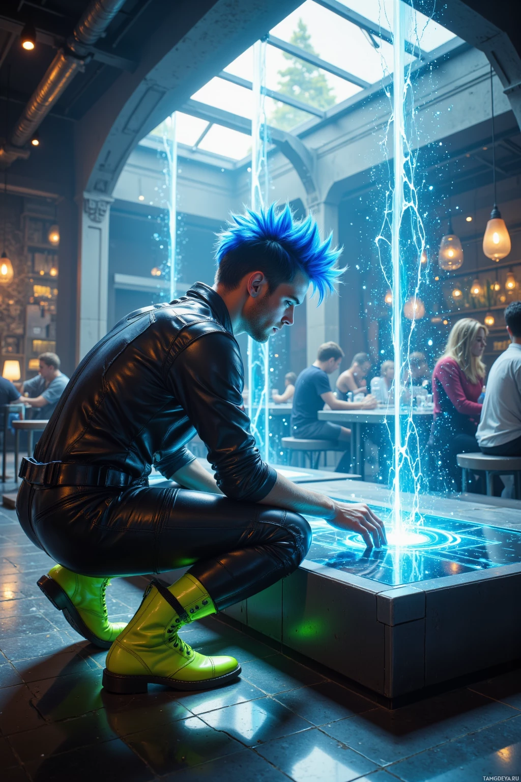 Realistic high quality photo. A 24‑year‑old male with neon blue spiky hair, blue eyes, fair skin, wearing a black jumpsuit with silver accents and neon green boots, hunched over a holographic server console in a futuristic restaurant, his fingers dancing on the interface while streams of error logs and a shimmering glitch shaped like a tiny aurora glow above him, illuminated by filtered morning light through a cracked glass ceiling.
