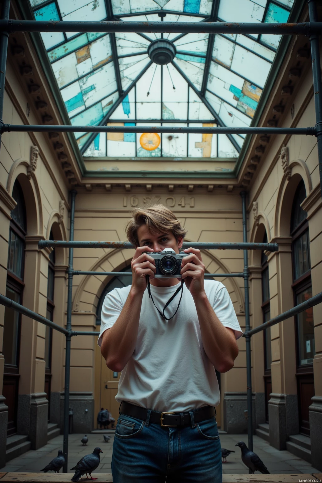 Realistic high quality photo. Male, 27, light brown hair, green eyes, wearing a white t‑shirt and faded jeans, standing alone on scaffolding at 2:45 a.m., holding a vintage Leica camera aimed at a fractured skylight reflecting neon glow, with a beige old post office facade behind, pigeons perched nearby, a drone hovering above, urban alley surroundings, early morning hum.