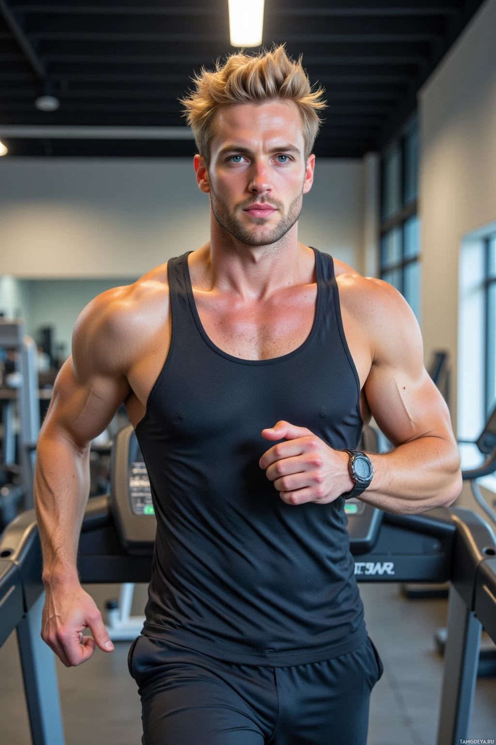Realistic high quality photo. A 26‑year‑old man with bright blonde messy hair, piercing blue eyes, smooth skin, athletic build, wearing a fitted tank top and sweatpants, mid‑stride on a treadmill in a modern indoor gym, stopwatch visible on wrist, intense focused expression, bright fluorescent lighting, floor tiles, workout machines in background, early afternoon.