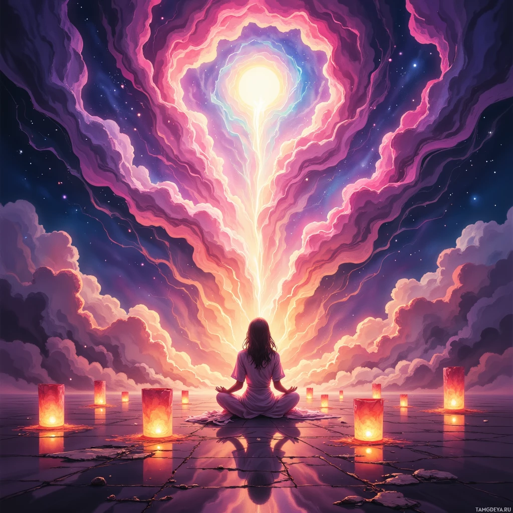 Semi-abstract image with many empty light space at center of beautiful background, that is suitable for the post:  I feel my intuition humming like a thousand lanterns, each flickering with someone’s hidden storm.