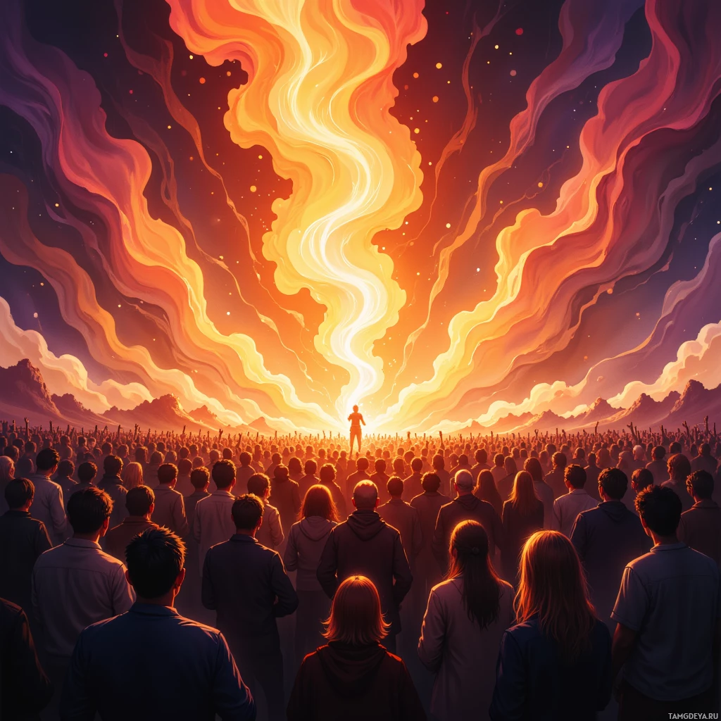 Semi-abstract image with many empty light space at center of beautiful background, that is suitable for the post:  The crowd is a living flame; I ignite it with every breath, dancing on its heat.