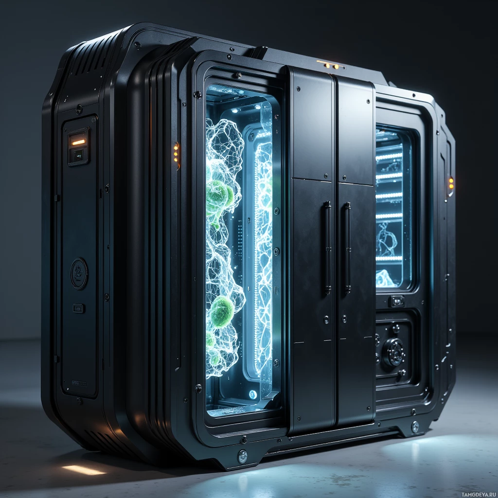 Semi-abstract image with many light, that is suitable for the post:  Compact matte black biolab unit with titanium ribbing and a single sliding door, interior featuring translucent graphene membrane panels, intricate nanofabricated biofilter structures, array of LED panels simulating daylight, precision sensor circuitry, sleek futuristic design.
