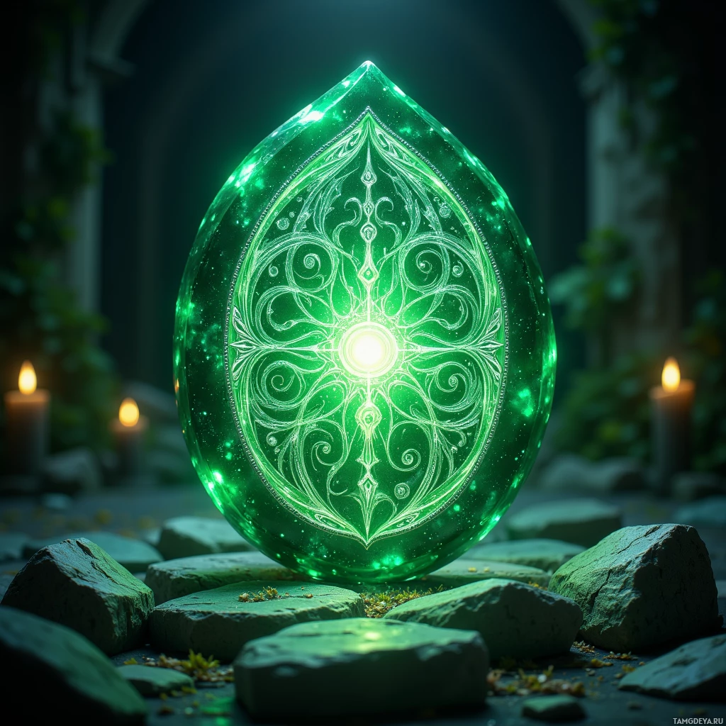 Semi-abstract image with many light, that is suitable for the post:  a polished jade amulet, carved from translucent green jade, featuring intricate silver etchings of swirling runic patterns that glow faintly in soft green light, with a subtle pulsing aura emanating from the center.