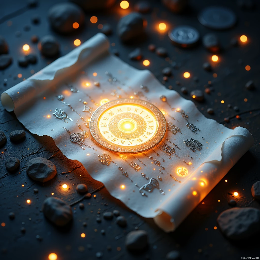 Semi-abstract image with many light, that is suitable for the post:  a miniature translucent coin-sized scroll made of thin parchment, adorned with delicate silver runes that subtly shift and glow faintly, emitting a soft luminous hum.