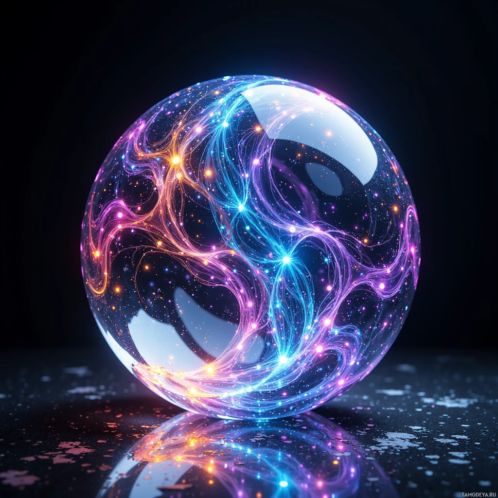 Semi-abstract image with many light, that is suitable for the post:  A sleek glass sphere with embedded micro‑LEDs emitting vibrant, AI‑driven holographic light patterns, polished to a mirror finish and featuring subtle touch‑sensing edges.
