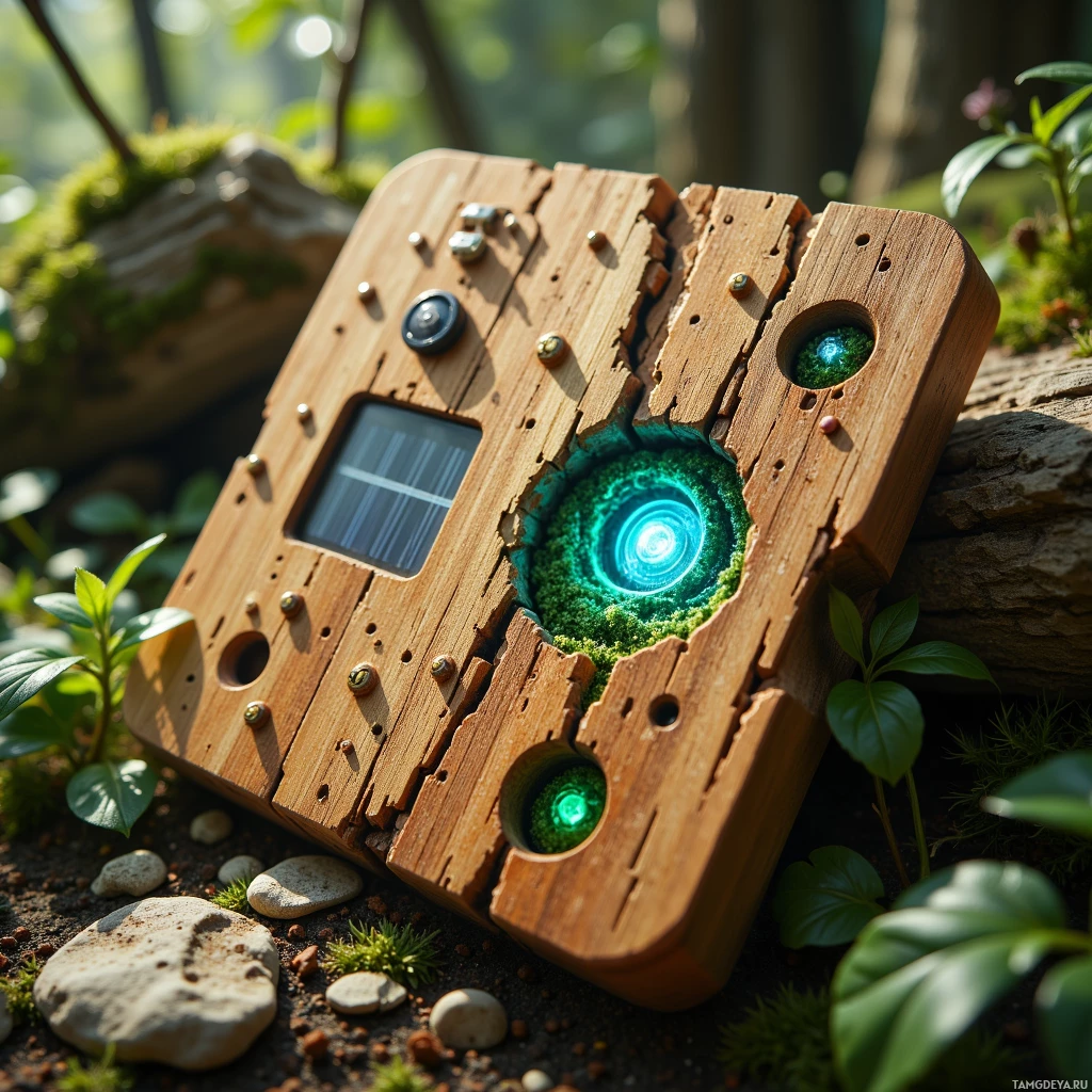 Semi-abstract image with many light, that is suitable for the post:  pocket-sized cedar bark panel sensor carved from reclaimed cedar, featuring intricate Braille‑like etched grooves, a tiny moss chamber that shifts green to blue to indicate moisture, a clear LED display for pH and nutrient readings, and a concealed miniature solar cell on the back, rendered in realistic detail.