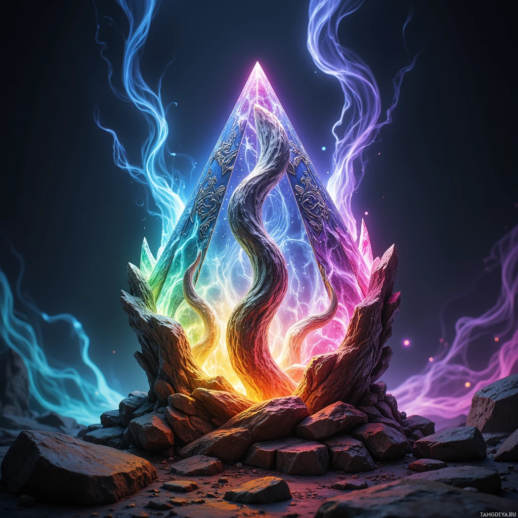 Semi-abstract image with many light, that is suitable for the post:  Crystal prism carved from ancient Ysera heartwood, crystal clear with visible wooden grain, silver rune engravings faintly glowing, swirling iridescent spectrum of colors projected from its facets, mystical and ethereal.