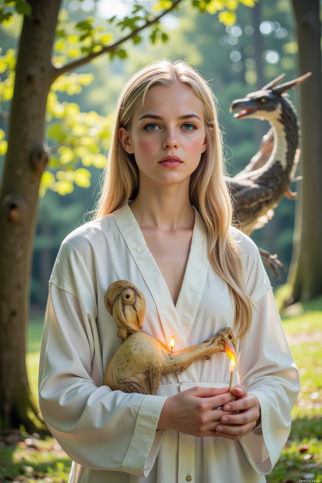 Realistic high quality photo. Female, 29, long blonde hair in a soft knot, piercing blue eyes, porcelain skin, wearing flowing white robes with a faint luminous glow, standing in a sunlit forest clearing chanting to protect her radiant aura, while a stubborn griffin with a match in its wing pocket attempts to ignite its nest and a dragon's mate watches her in a professional therapist pose, her calm determination reflecting empathetic strength and stubborn idealism.