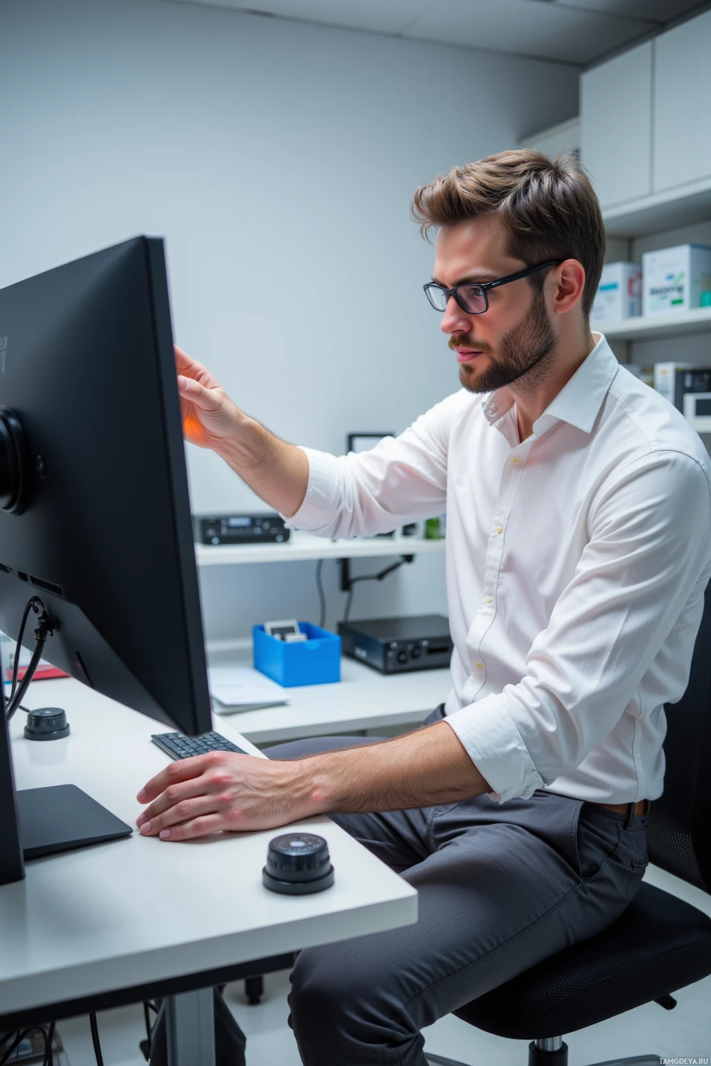 Realistic high quality photo. A 31‑year‑old man with short dark brown hair, blue eyes, pale skin, wearing a white shirt, dark gray trousers, black‑framed glasses, neatly trimmed beard, methodically adjusting hue on a 27‑inch IPS monitor in a clean modern lab with an ergonomic stand, precise hand movements, surrounded by calibration tools under soft studio lighting.