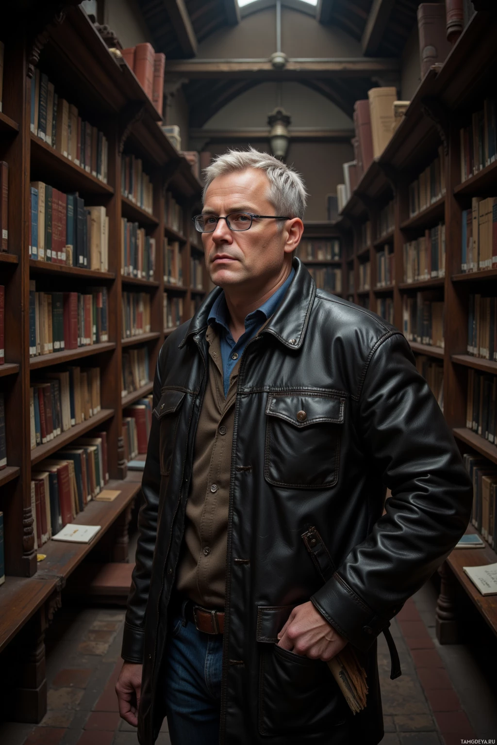 Realistic high quality photo. A 34‑year‑old man with short gray hair, pale skin, blue eyes behind glasses, wearing a simple leather jacket over a shirt, stands in a dimly lit old library aisle lined with tall wooden shelves of dusty books, holding a stack of pages, pausing to listen with a handwritten note tucked into his pocket, the scene bathed in early afternoon light and a quiet, contemplative atmosphere.