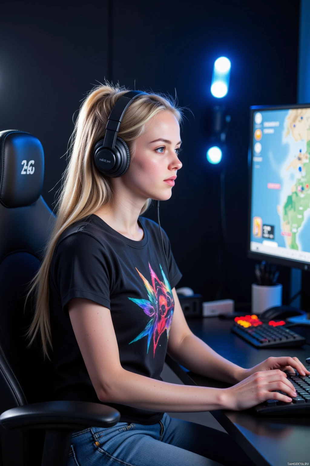 Realistic high quality photo. A 26‑year‑old woman with long blonde ponytail and bright blue eyes, wearing a casual gaming t‑shirt, headphones, and jeans, sits in a dim home office with a glowing monitor showing a map overlay and vibrant win indicators, her hands poised on the keyboard, radiating focused excitement for her next streaming challenge.